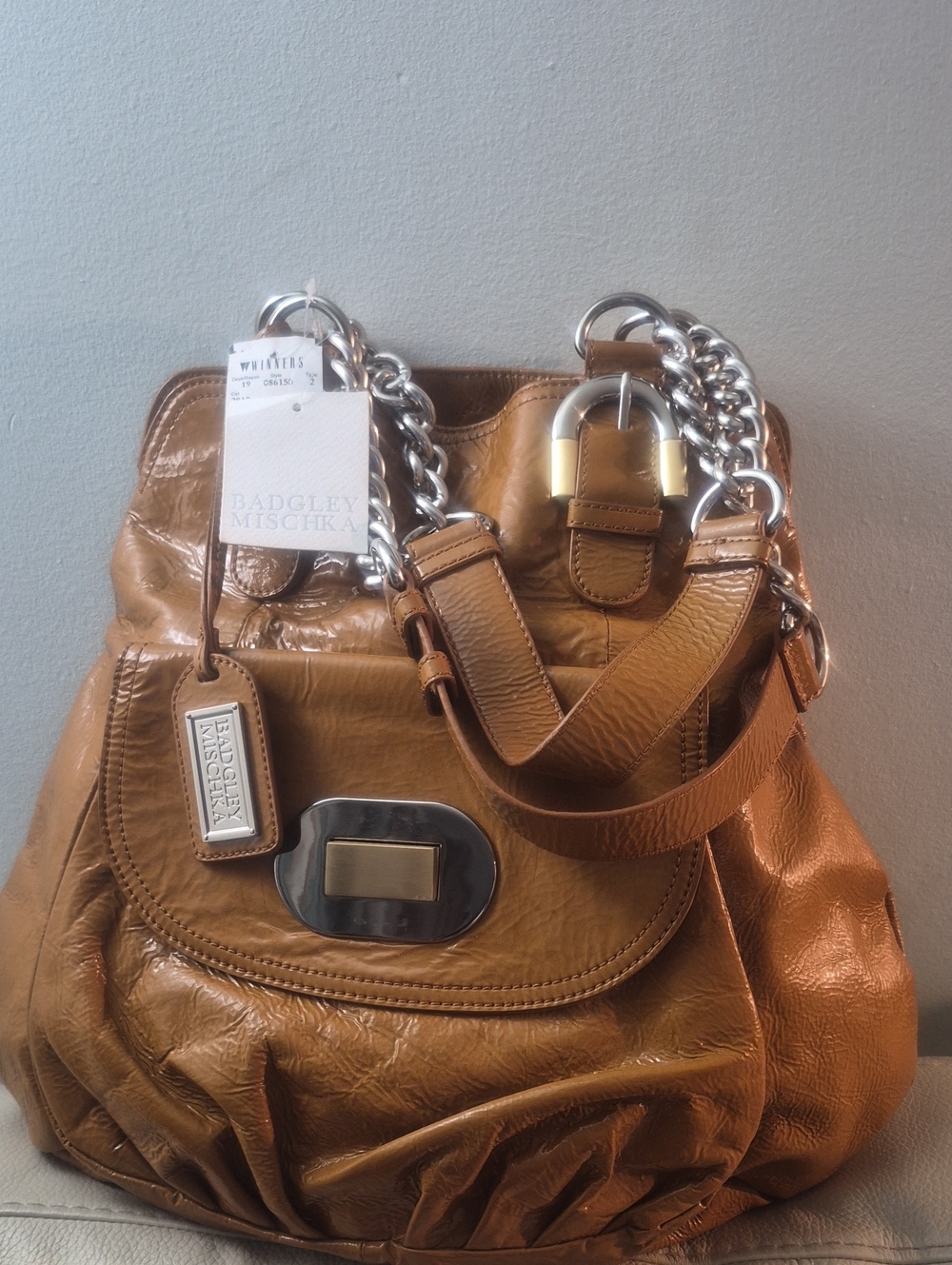 Badgley Mischka Caramel Brown Leather Shoulder Bag with Silver & Gold Hardware